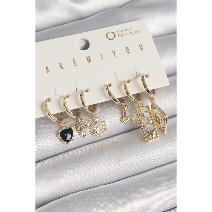 Pirinç Gold Renk Zirkon Taşlı Çoklu Sallantı Figür VIP Seri Kadın Küpe Seti