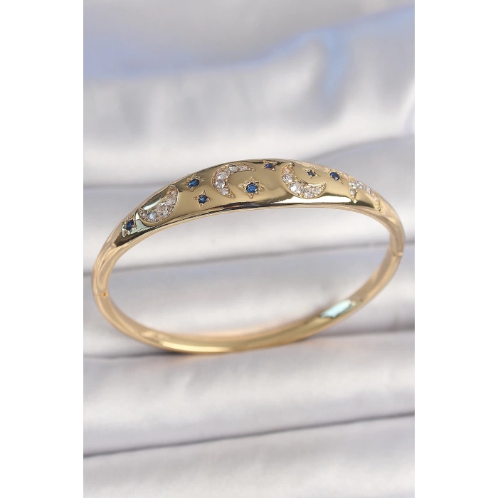 Pirinç Gold Renk Zirkon Taşlı Hilal İşleme Mavi Taşlı Yıldız Detay Kadın Kelepçe