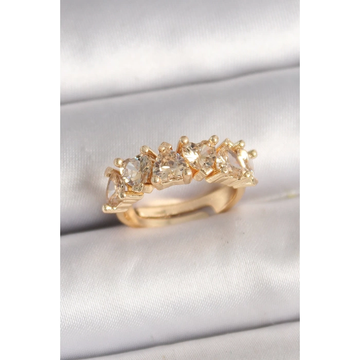 Pirinç Gold Renk Zirkon Taşlı Kalp Model Ayarlanbilir Kadın Yüzük