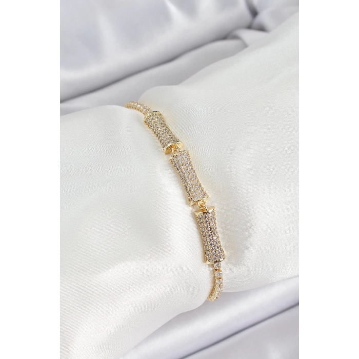 Pirinç Gold Renk Zirkon Taşlı Kemik Model Kadın Bileklik