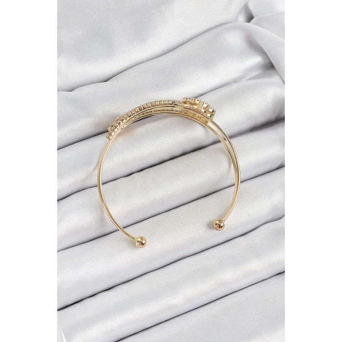 Pirinç Gold Renk Zirkon Taşlı Yonca Model 2li Kadın Bileklik