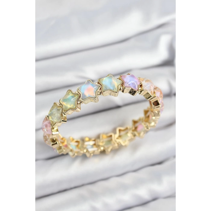Pirinç Hologram Yıldız Model Gold Renk Lastikli Kadın Bileklik