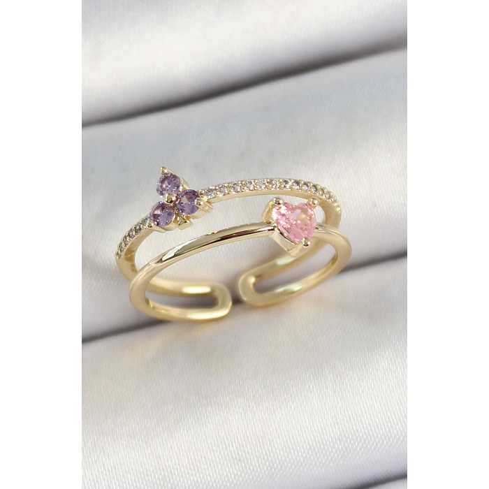Pirinç Kalp Ve Çiçek Figürlü Zirkon Taşlı Gold Renk Ayarlanabilir Kadın Yüzük