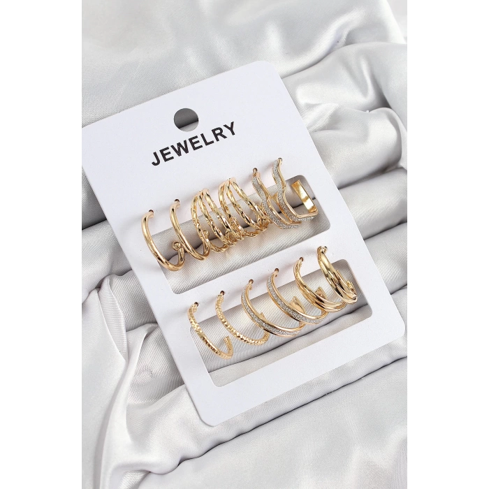 Pirinç Karışık Halka Model Gold Renk 6 Çift Kadın Küpe Set