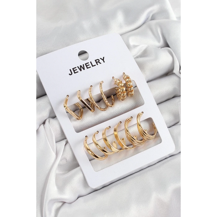Pirinç Karışık Halka Model Gold Renk 6 Çift Kadın Küpe Set