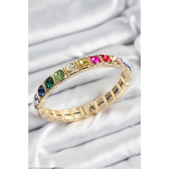 Pirinç Karışık Zirkon Taşlı Kare Model Gold Renk Lastikli Kadın Bileklik