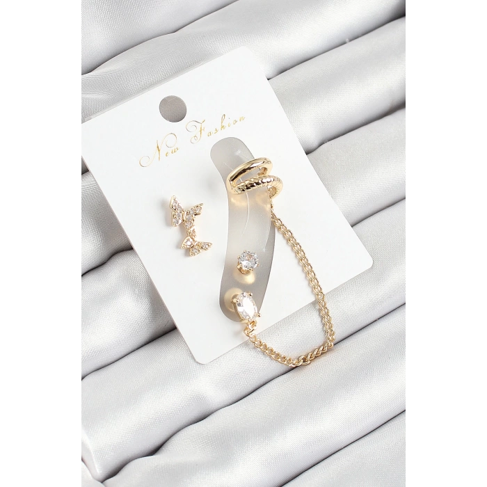 Pirinç Kelebek Figürlü Zirkon Taşlı Gold Renk 3lü Kıkırdak Kadın Küpe Set