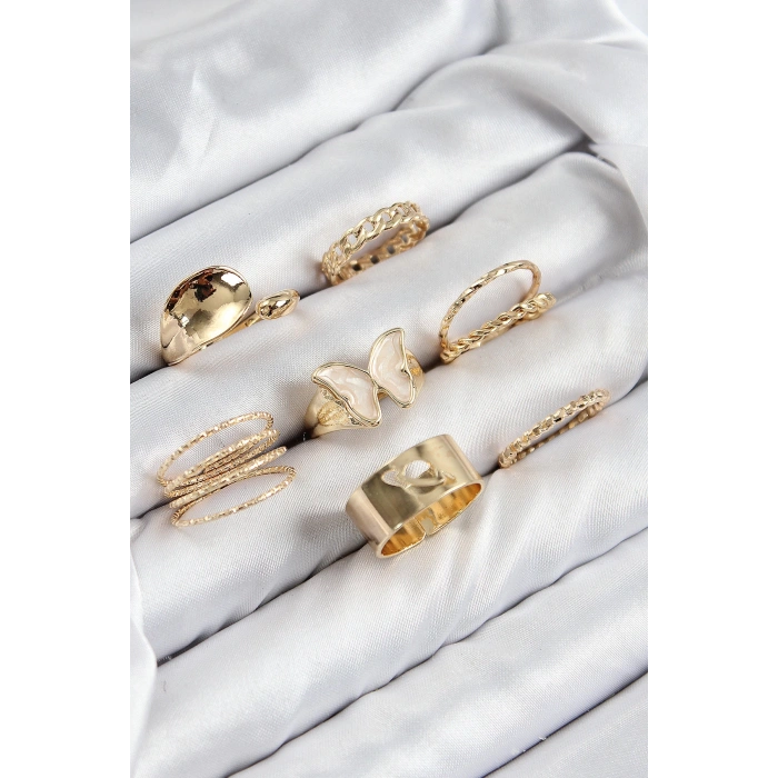 Pirinç Kelebek Model Gold Renk Kadın Yüzük Kombin Set