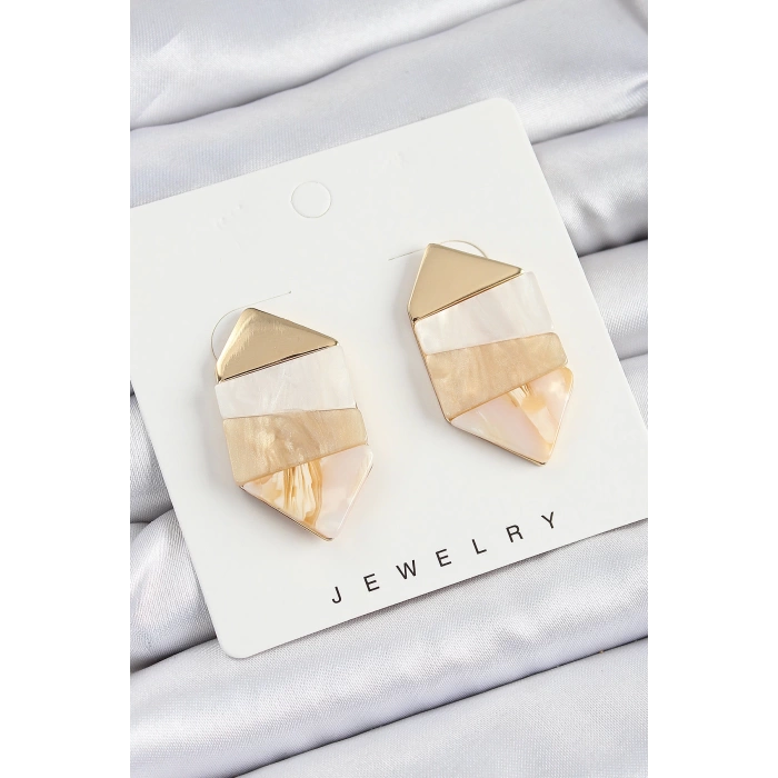Pirinç Mermer Desenli Vintage Geometrik Model Gold Renk Kadın Küpe