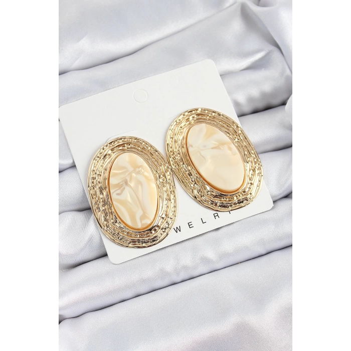 Pirinç Mermer Desenlli Bej Sedef Oval Vintage Model Gold Renk Kadın Küpe