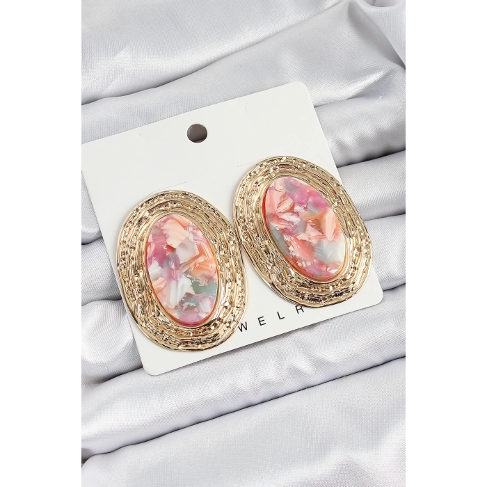 Pirinç Mermer Desenlli Pembe Sedef Oval Vintage Model Gold Renk Kadın Küpe
