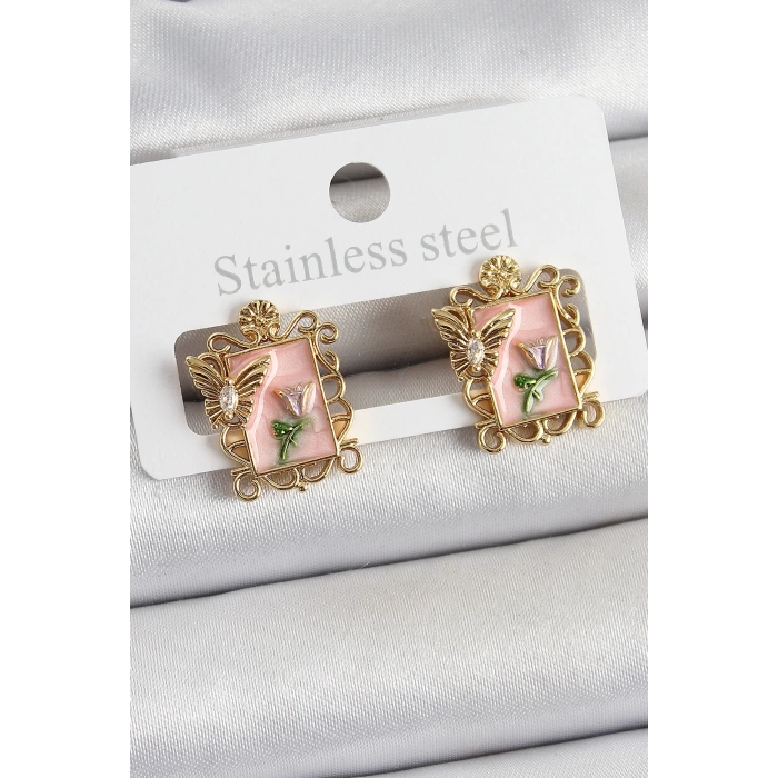 Pirinç Pembe Mineli Sanatsal Portre Model Gold Renk Kadın Küpe