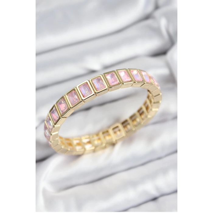 Pirinç Pembe Zirkon Taşlı Dikdörtgen Model Gold Renk Lastikli Kadın Bileklik