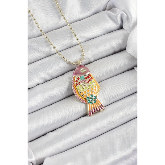Pirinç Rainbow Balık Model Zirkon Taşlı Gold Renk Kadın Kolye
