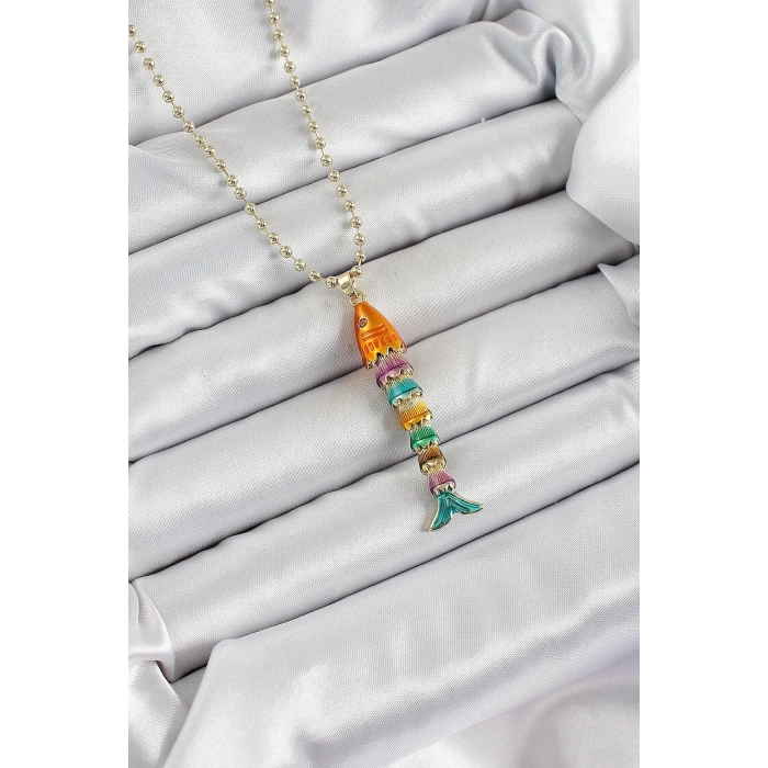 Pirinç Rainbow Balık Model Zirkon Taşlı Gold Renk Kadın Kolye