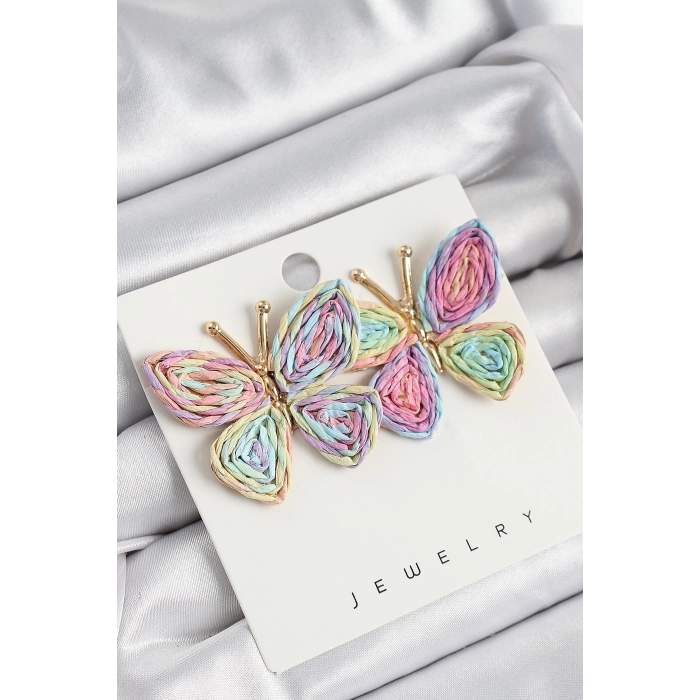Pirinç Rainbow Kelebek Model Gold Renk Kadın Hasır Küpe