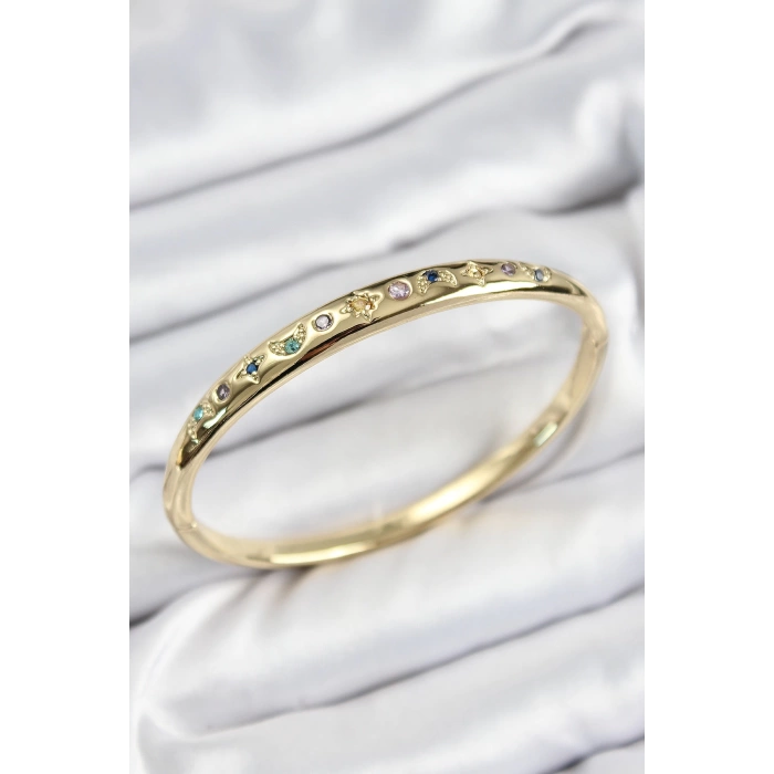 Pirinç Renkli Zirkon Taşlı Kutup Yıldızı Ve Hilal Model Gold Renk Kadın Kelepçe