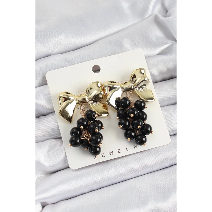 Pirinç Sallantılı Siyah Boncuklu Fiyonk Vintage Model Gold Renk Kadın Küpe