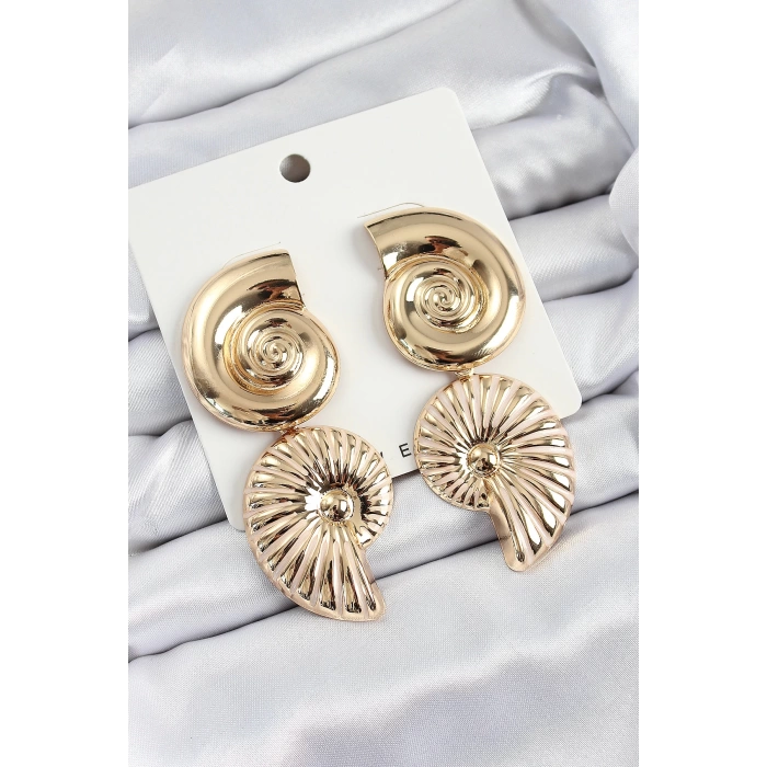 Pirinç Sarmal Sallantılı Deniz Kabuğu Vintage Model Gold Renk Küpe
