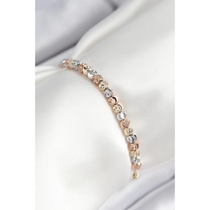 Pirinç Sıralı Boncuk Model Gold Gümüş Roz Renk Asansörlü Kadın Bileklik
