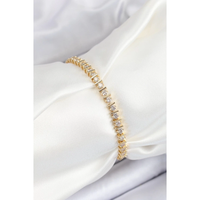Pirinç Sıralı Çit Model Zirkon Taşlı Gold Renk VİP Seri Kadın Bileklik