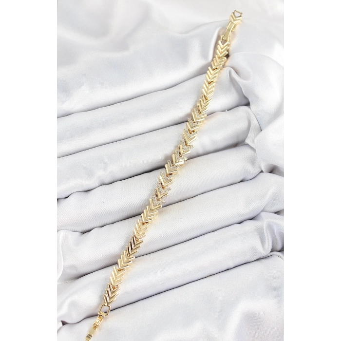 Pirinç Sıralı Ok Model Zirkon Taşlı Gold Renk VİP Seri Kadın Bileklik