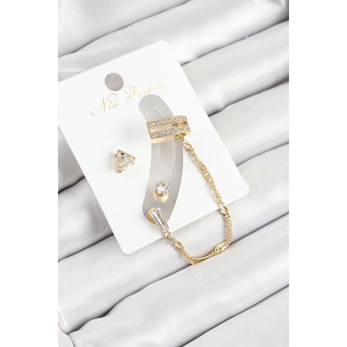 Pirinç Üçgen Figürlü Zirkon Taşlı Gold Renk 3lü Kıkırdak Kadın Küpe Set