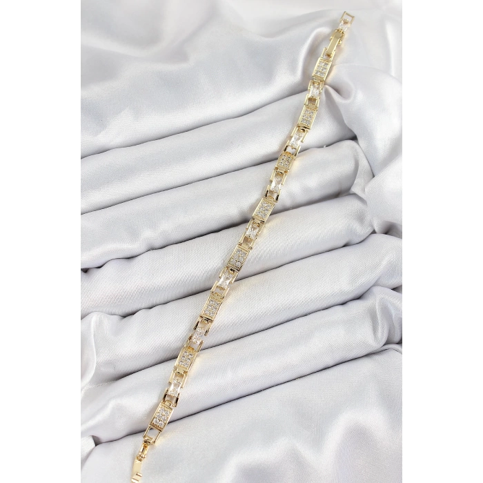 Pirinç Zincir Model Zirkon Taşlı Gold Renk VİP Seri Kadın Bileklik