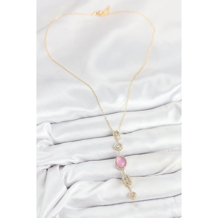 Pirinç Zincir Pembe Gold Renk Zirkon Taşlı Y Kolye