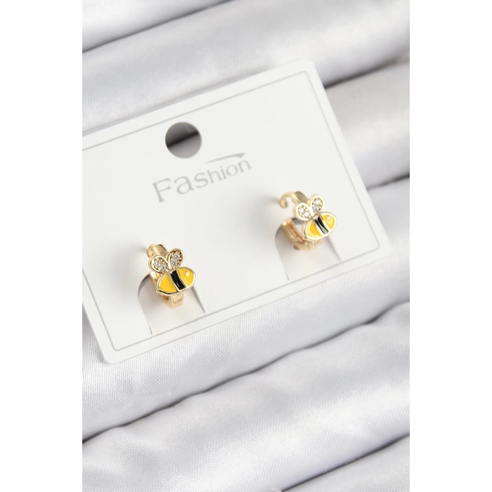 Pirinç Zirkon Taşlı Arı Model Gold Renk Çocuk Küpe