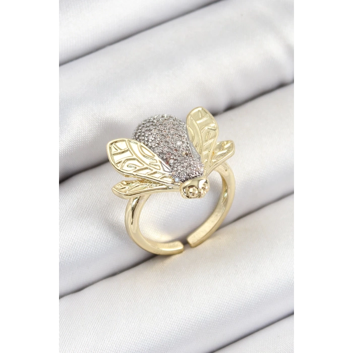 Pirinç Zirkon Taşlı Arı Model Gümüş Ve Gold Renk Kadın Yüzük