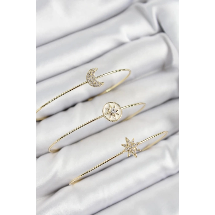 Pirinç Zirkon Taşlı Ay Ve Kutup Yıldızı Model Gold Renk Vip 3lü Kadın Bileklik