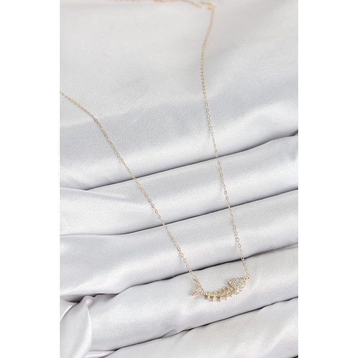 Pirinç Zirkon Taşlı Balık Kılçığı Model Gold Renk Kadın Kolye