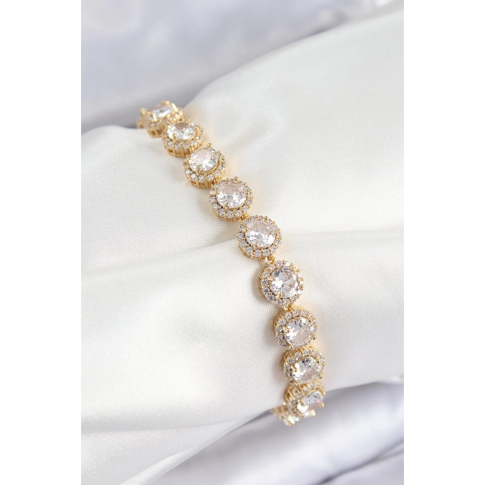 Pirinç Zirkon Taşlı Daire Baget Model Gold Renk VIP Seri Kadın Bileklik