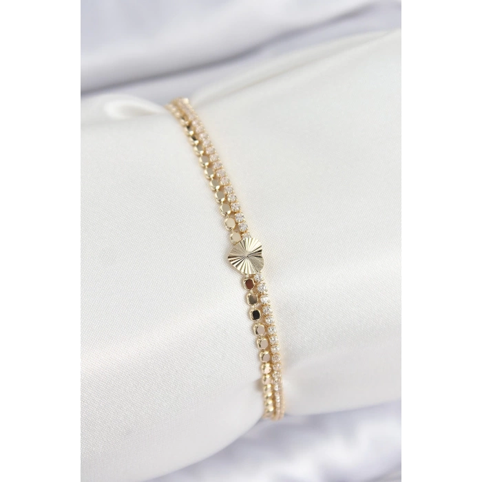 Pirinç Zirkon Taşlı Ezme Zincirli Kalp Model Gold Renk Kadın Bilekilk