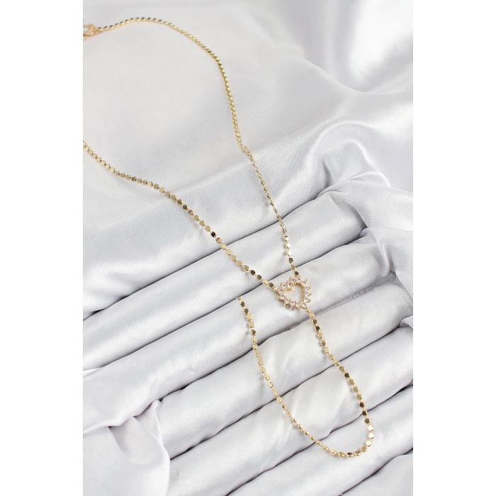 Pirinç Zirkon Taşlı Ezme Zincirli Kalp Model Gold Renk Y Kolye