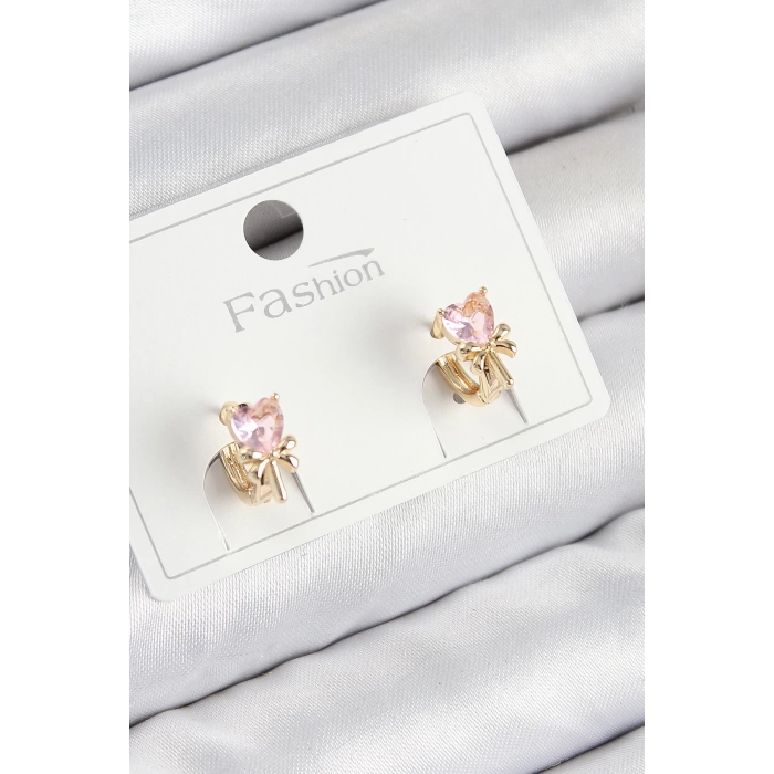 Pirinç Zirkon Taşlı Fiyonklu Kalp Model Gold Renk Çocuk Küpe