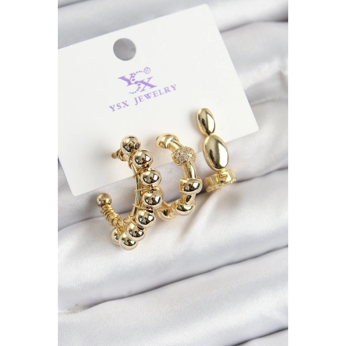 Pirinç Zİrkon Taşlı Halka Model Gold Renk 3lü Kadın Küpe