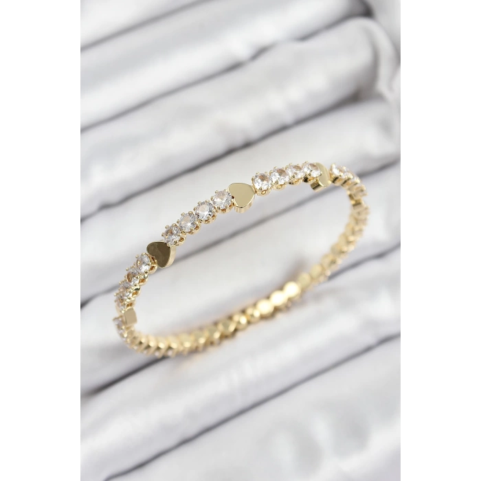 Pirinç Zirkon Taşlı Kalp Model Gold Renk Yaylı Kadın Bileklik