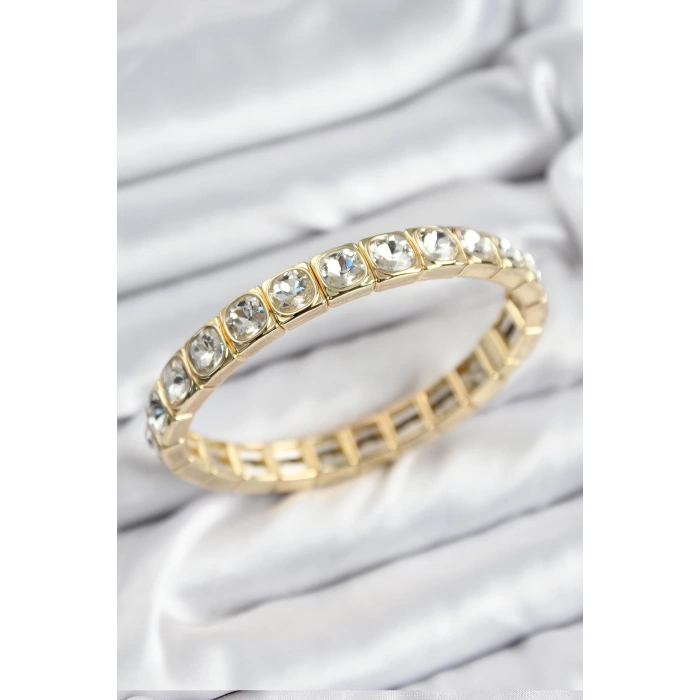 Pirinç Zirkon Taşlı Kare Model Gold Renk Lastikli Kadın Bileklik