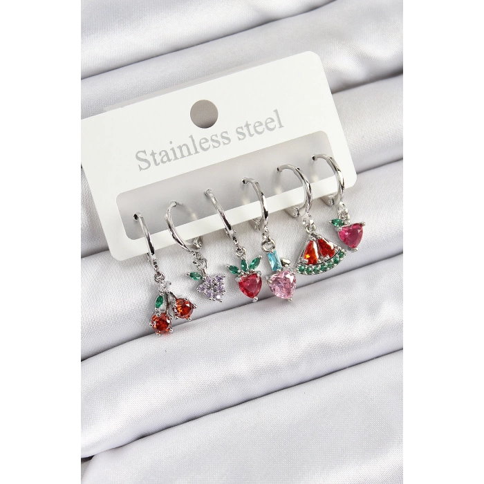 Pirinç Zirkon Taşlı Karpuz Yonca Kalp Pusula Karışık Model Gümüş Renk 6lı Set Kadın Küpe