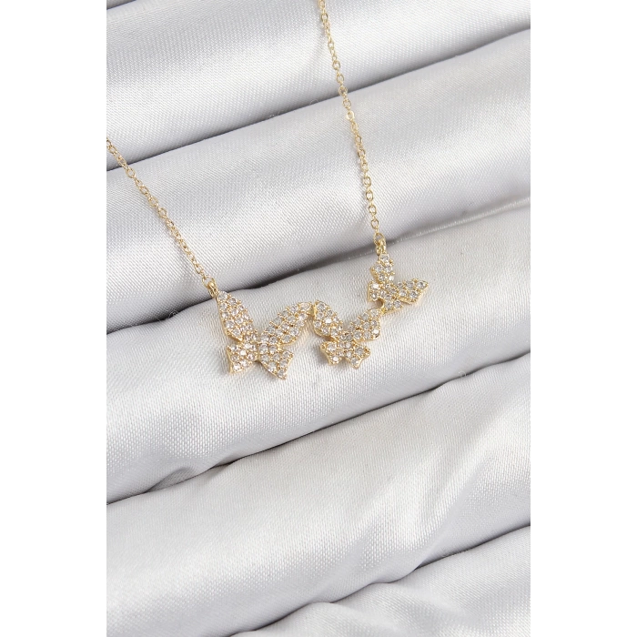 Pirinç Zirkon Taşlı Kelebek Model Gold Renk Kadın Kolye