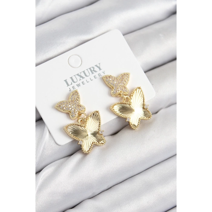 Pirinç Zirkon Taşlı Kelebek Model Gold Renk Kadın Küpe