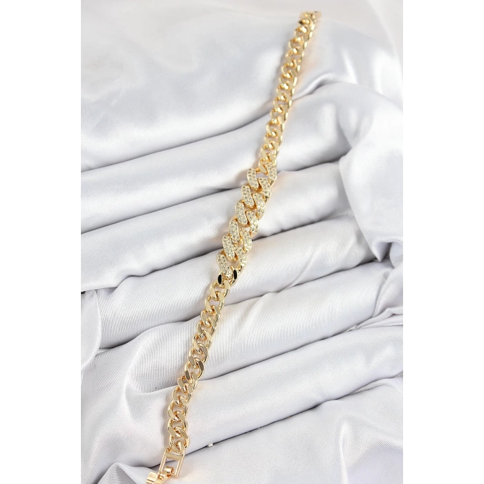 Pirinç Zirkon Taşlı Küba Zincir Model Gold Renk Kadın Bileklik