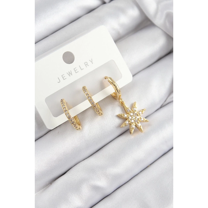 Pirinç Zirkon Taşlı Kutup Yıldızı Model Gold Renk 3lü Set Kadın Küpe