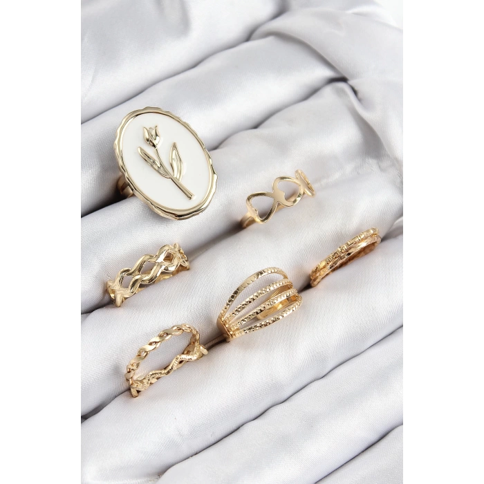 Pirinç Zirkon Taşlı Lale Model Gold Renk Kadın Yüzük Kombin Set