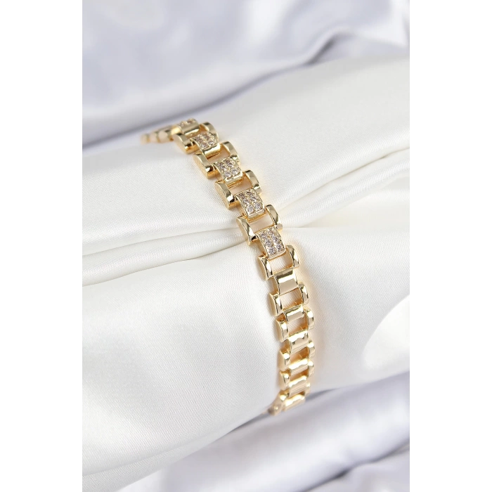Pirinç Zirkon Taşlı Parçalı Model Gold Renk Kadın Bileklik
