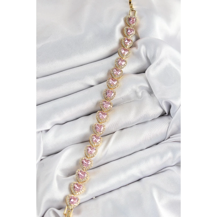 Pirinç Zirkon Taşlı Pembe Kalp Baget Model Gold Renk VIP Seri Kadın Bileklik
