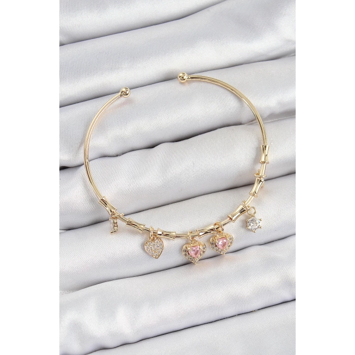 Pirinç Zirkon Taşlı Pembe Kalp Model Gold Renk Charm Bileklik