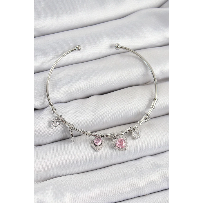 Pirinç Zirkon Taşlı Pembe Kalp Model Gümüş Renk Charm Bileklik